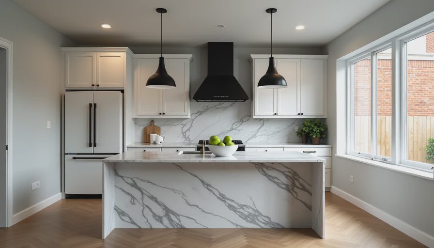 A fully renovated showroom-style kitchen with a waterfall quartz island and custom range hood