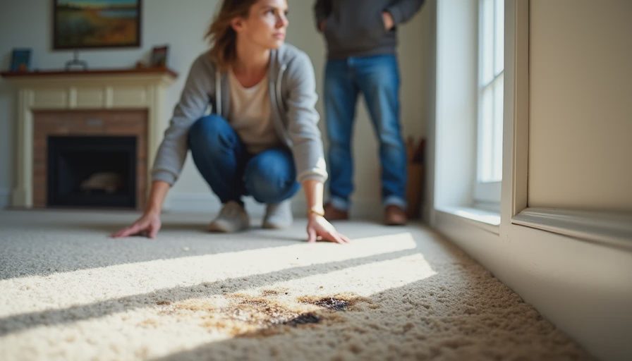 buyer inspecting worn carpet during home showing in Charlotte listing