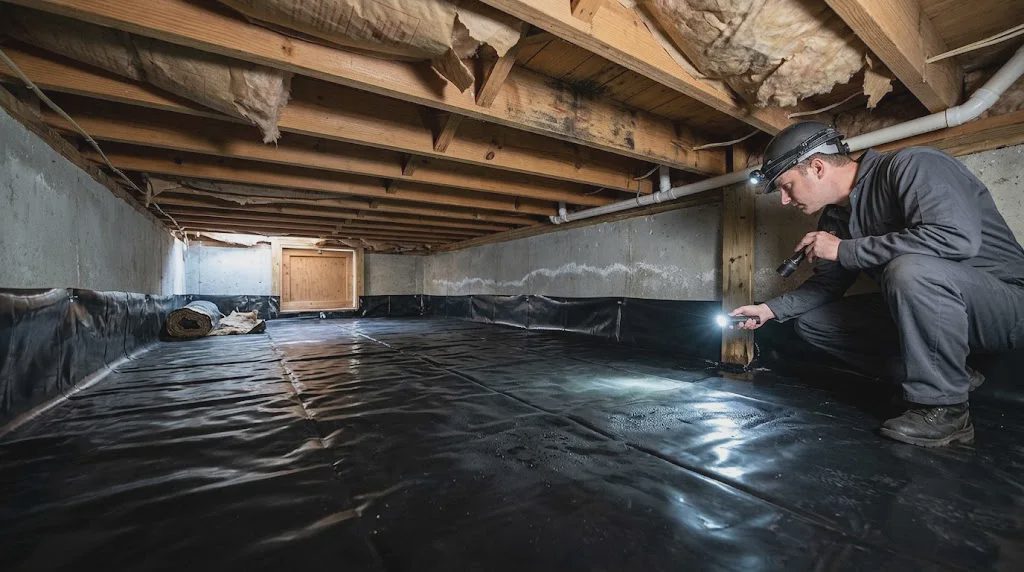 Inspector checking a newly installed vapor barrier and drooping insulation in an older home's crawl space before listing