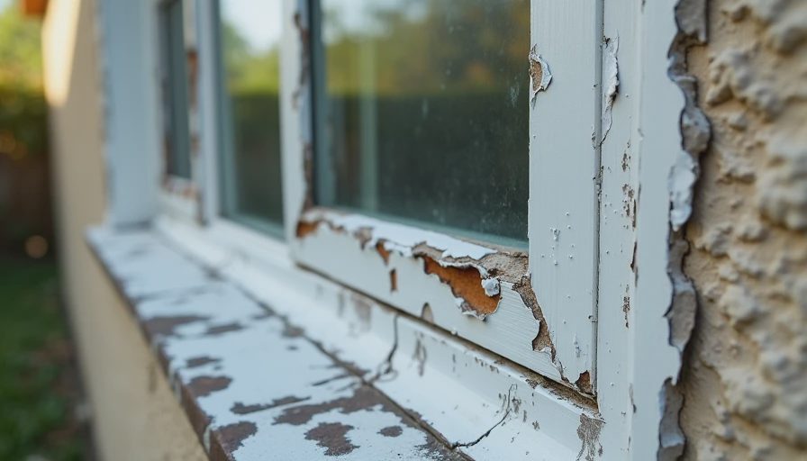 Close-up of peeling paint on an original 1970s aluminum window frame on an older Charlotte home