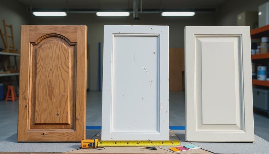 old raised panel cabinet door beside new flat panel RTA door and painted shaker door showing three renovation paths
