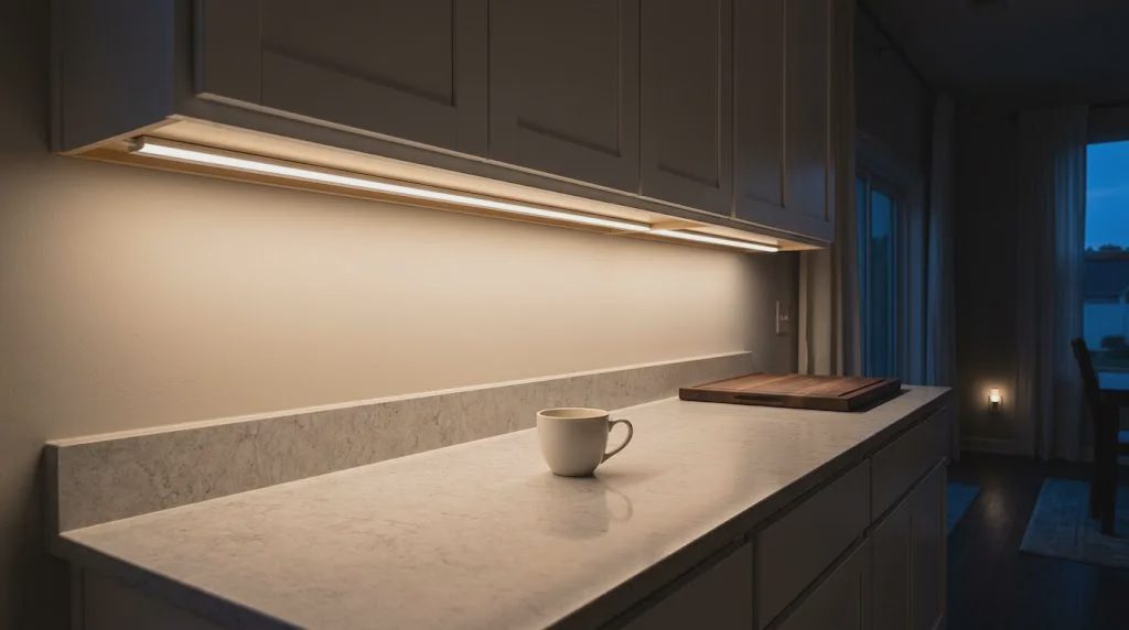 Warm under cabinet lighting glowing over a quartz countertop in a staged midrange kitchen for pre sale