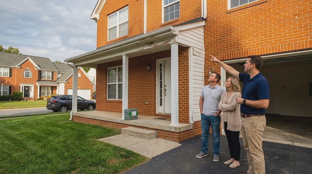 A pre sale home renovation advisor pointing out exterior trim wear to homeowners in front of their Charlotte-area brick house