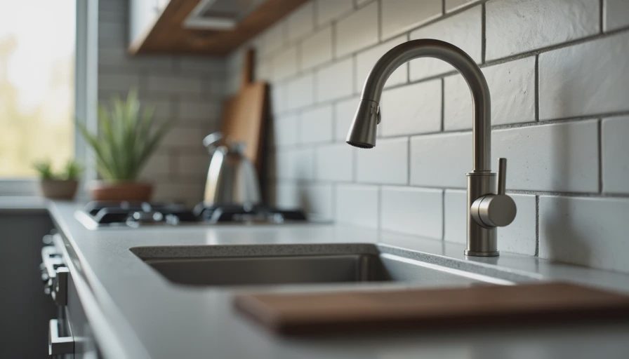 Close up of midrange kitchen quartz countertop eased edge with subway tile backsplash and brushed nickel faucet before selling a home