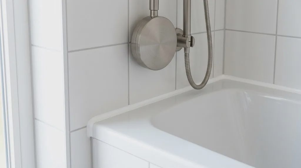 Close-up of fresh white caulk and a new brushed nickel showerhead — a detail of clean bathroom updates before selling