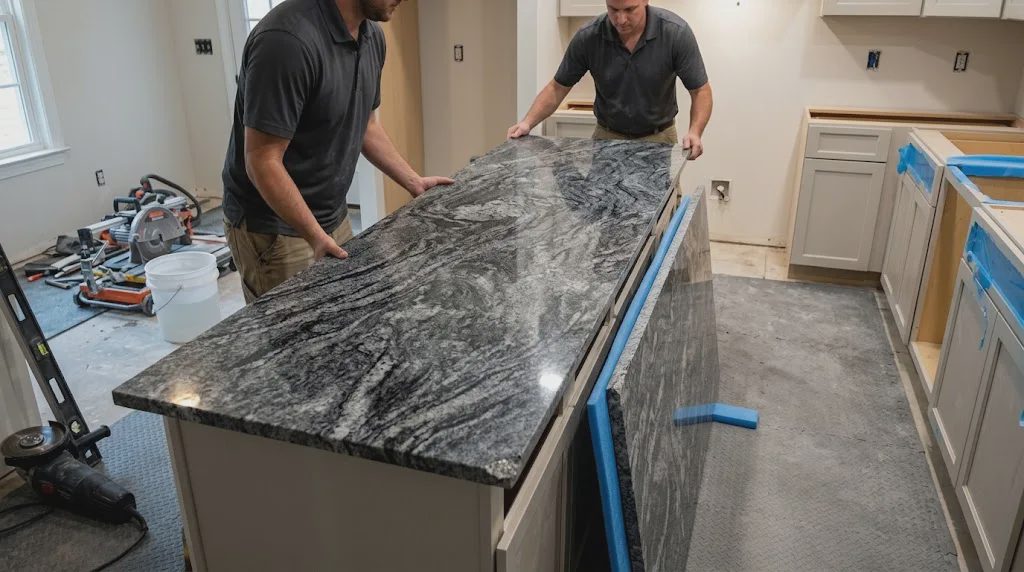 Workers installing a dark granite countertop during a pre-sale kitchen renovation in Charlotte