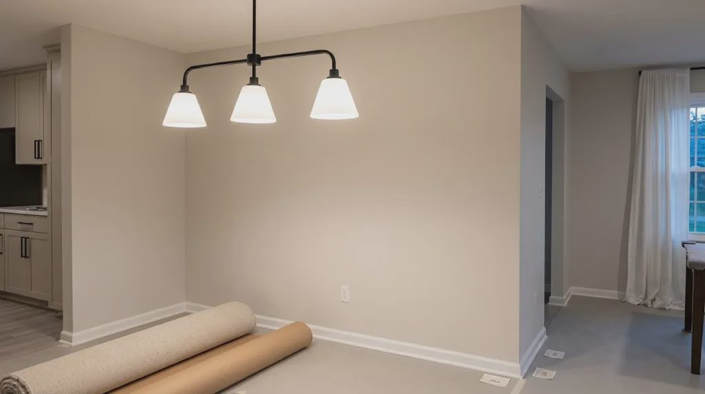 Freshly painted greige living room wall with new matte black pendant light before listing