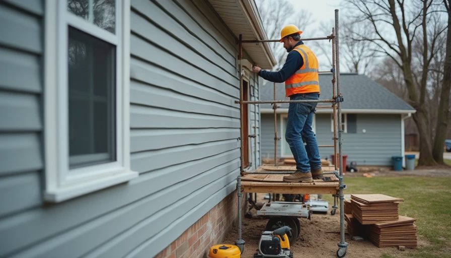 contractor on scaffolding installing new siding during a residential siding replacement job in Charlotte