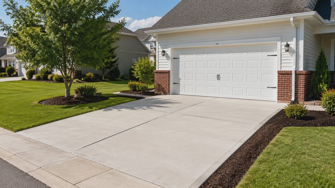 Clean pressure-washed driveway with patched cracks and tidy white garage door in front of a well-maintained Charlotte home