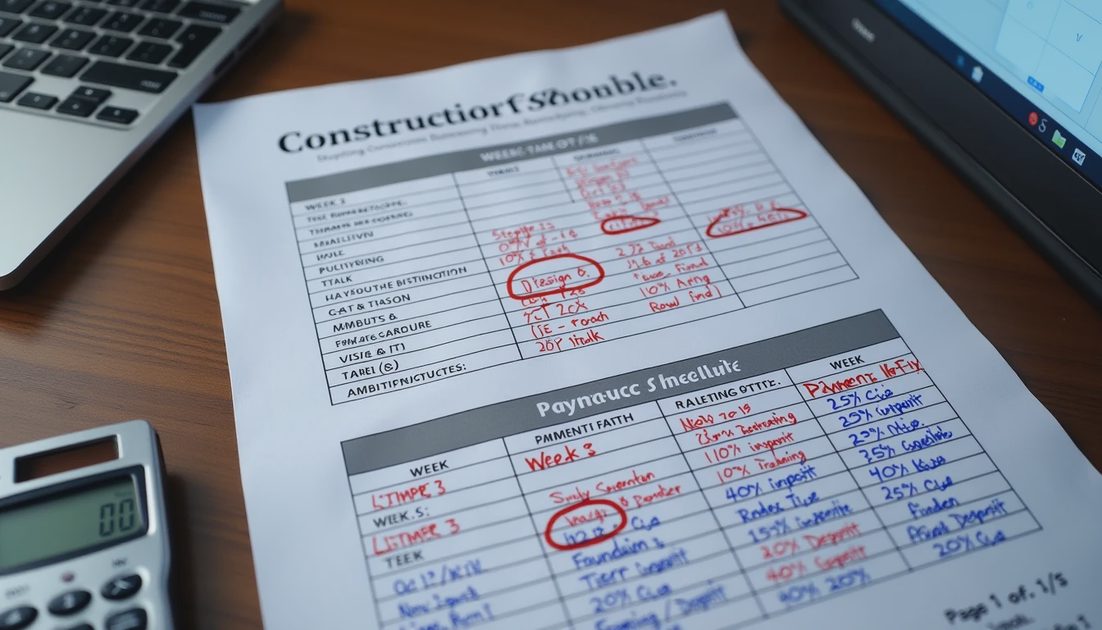 Schedule and payment plan with critical path and deposit marked in pen on a remodeling proposal
