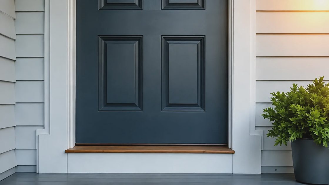 Freshly painted navy front door with brass house numbers and porch light at a maintained Charlotte home entrance