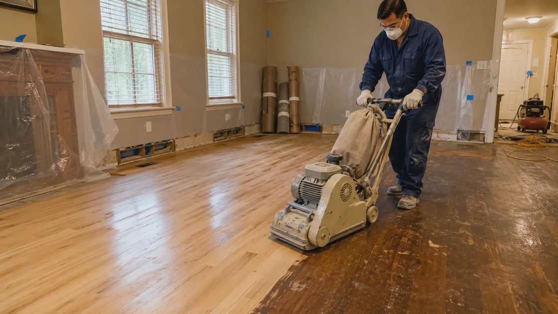Contractor sanding hardwood floors during a pre-listing refinish project in Charlotte