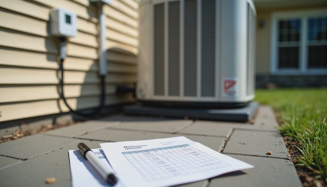 Clean HVAC condenser unit with maintenance records on the ground beside a Charlotte home