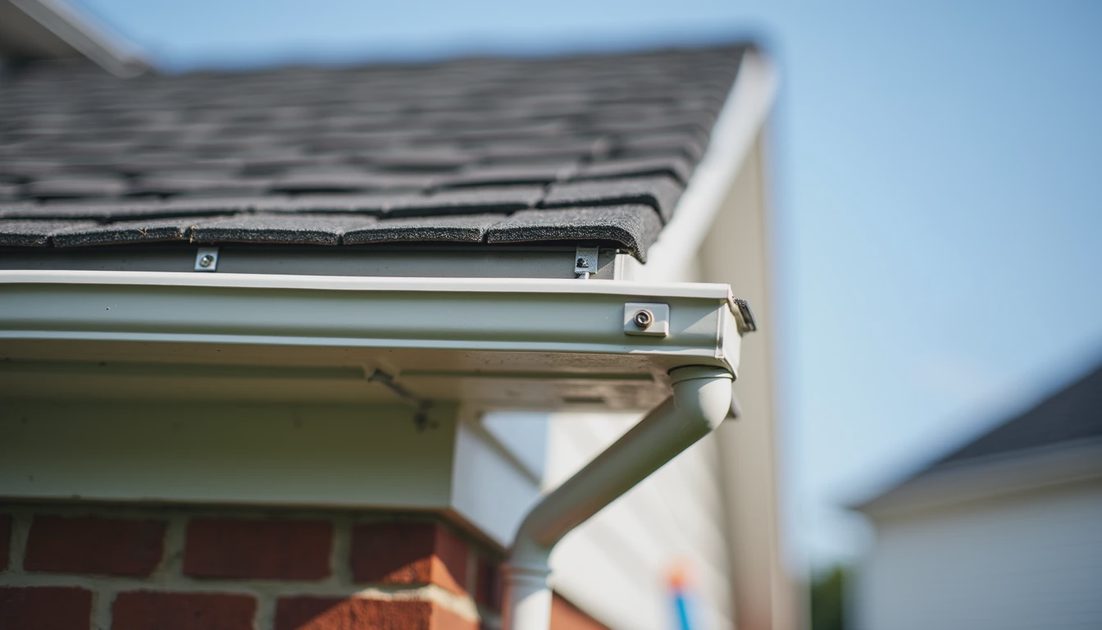 Clean roof edge and gutter system with intact downspout during a pre-sale condition check