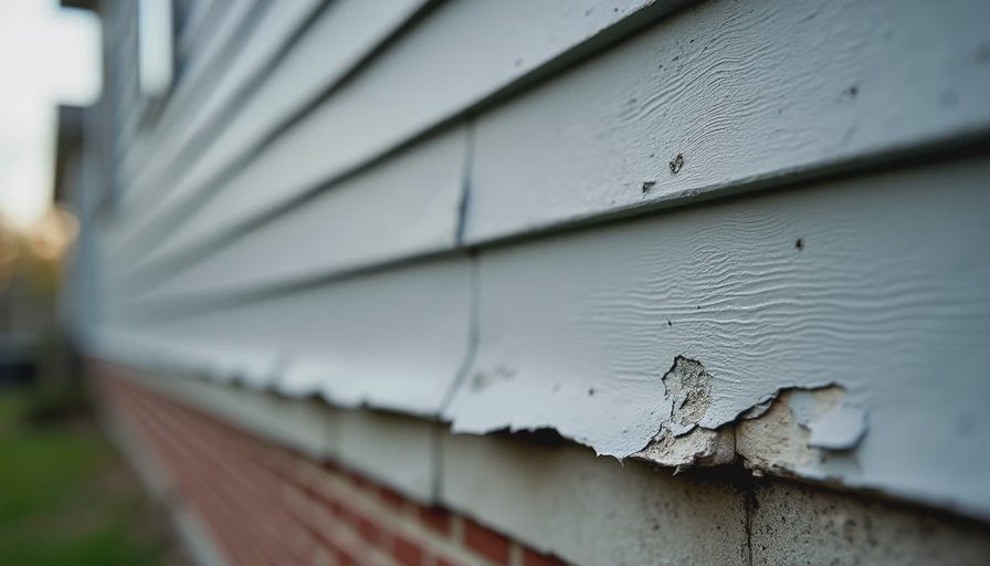 close-up of warped siding boards with water staining and peeling paint on a house exterior