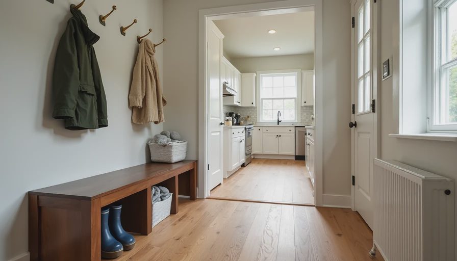 Finished mudroom with luxury vinyl plank flooring leading into a clean kitchen in a Charlotte pre-sale home