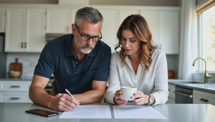 Contractor and homeowner reviewing a remodeling estimate together at a kitchen island before selling