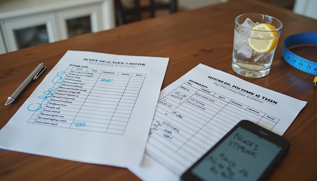 Written scope of work and schedule plan with checklist on a dining table for a pre-sale renovation