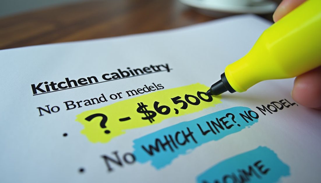 Vague cabinetry line highlighted on a remodeling proposal with a handwritten question mark beside it